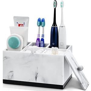 VITVITI Tandenborstelhouder voor badkamer, badkamerorganizer voor make-uptafel, gootsteen, wattenstaafje, 5 vakken voor tandenborstels/tandpasta, deksel in marmerlook, badkameraccessoires, witte hars