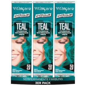 Vitalcare | Vivid, professionele semi-permanente haarkleuring, directe haarkleuring, houdt tot 20 wasbeurten, zacht en gehydrateerd haar, groenblauw, multipack 3 stuks x 100 ml