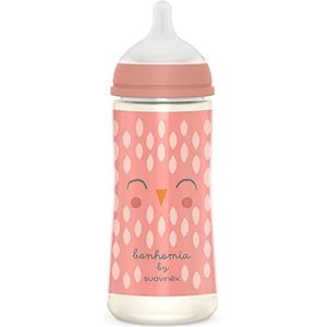 Suavinex, 360 ml fles met fysiologische zuiger SX Pro siliconen met antitolisch ventiel, fles met dichte stroom (L) voor baby's +6 maanden, Bonhomia, roze