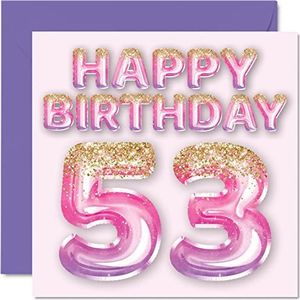Verjaardagskaart 53 jaar dames - roze en paarse glitter ballonnen - verjaardagskaarten voor vrouwen 53 jaar, oma, tante, 145 mm x 145 mm, 53 jaar, 53 jaar, kaarten