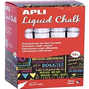 Apli - Liquid Chalk vloeibare krijtmarker, uitwisbaar, ronde punt, 5,5 mm, zilverkleurig, 12 stuks