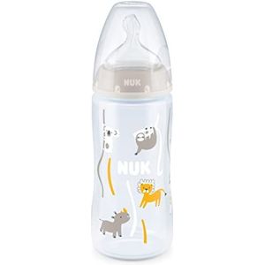 NUK First Choice+ Babyflessen | 6-18 maanden | Anti-Colic ventiel | BPA-vrij | 300 ml | Drinkzuiger van siliconen | met temperatuurregeling | grijze luiaard