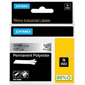 DYMO Rhino Industriële etiketten | permanent polyester | 12 mm x 5,5 m | zelfklevende print in zwart op metalen achtergrond | voor Rhino en LabelManager labelapparaten