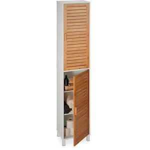 Relaxdays Badkamerkast 190 x 40 x 30 cm (h x b x d), 6 vakken, MDF en bamboe, hoog, smal, badkamerkast, wit/naturel