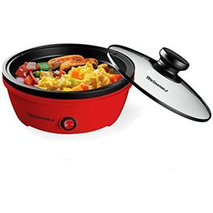 Elite Gourmet EGL-6101 Personal Stir Fry Griddle Pan, snelle hitte, 650 W zonder elektrische staaf met gehard glas, rood