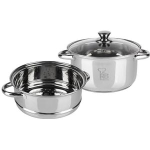 RB RENBERG Silver Set van 3 stoompannen van roestvrij staal, 1 pan met deksel, 20 cm, 1 stoompan 20 cm, binnen en buiten, gepolijst hol handvat