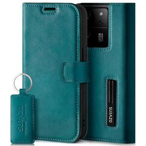 SURAZO Beschermhoes voor Xiaomi 13T Pro / 13T 5G, echt leer, flip case, met magneetsluiting, kaartenvak, RFID-bescherming, standfunctie, turquoise