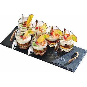 Lebrun Bestek – Apéro servies 13-delig – 6 glazen aperitieven met 6 schuine lepels – leisteen dienblad met touwgrepen inbegrepen – glazen glazen voor proeverijen en desserts