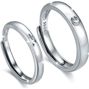 925 zilveren paar ring voor dames en heren, ster maan ring voor geliefden, ster maan bruiloft ringen, verstelbare maat, bruiloft valentijnsdag kerstcadeau, zilver, Zilver
