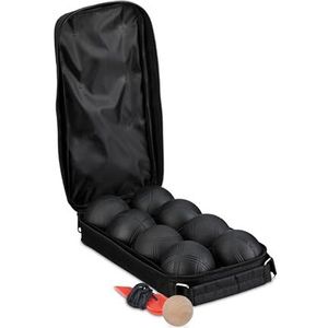 Relaxdays jeu de boules set, 8 metalen ballen, met houten bal en meetlint, petanque accessoires, staal, zwart