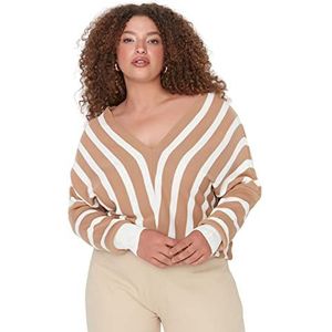 Trendyol Damestrui oversize gestreepte V-hals camel 3XL, Kameel.