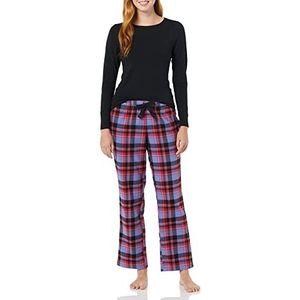 Amazon Essentials Ensemble de nuit léger en flanelle avec pantalon et t-shirt à manches longues pour femme (disponible en grande taille) - Motif tartan mélangé noir/bleu - Taille XXL