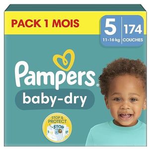 Pampers Baby-Dry luiers maat 5 (11-16 kg), 174 luiers, 1 maand, tot 12 uur, droog met de zak Stop & Protect, nu met meer luiers