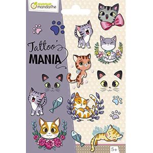 AVENUE MANDARINE - Vel met 10 tijdelijke tatoeages voor kinderen - katten - 1 vel tatoeages 12,8 x 9 cm - vanaf 5 jaar - CC056C Tattoo' Mania