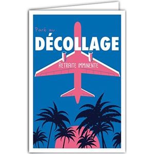 Afie 69-4343 kaart om afscheid te nemen met pensioen, met envelop, mini-poster, formaat 17 x 11,5 cm, afscheid van goede voortzetting verandering leven reizen vliegtuig palmen retro vintage roze/blauw