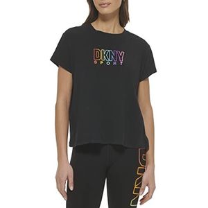 DKNY Pride Logo Knot Front T-shirt voor dames, zwart.