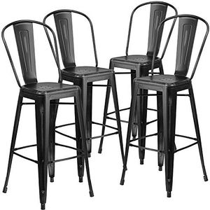 Flash Furniture Barkruk van metaal met rugleuning, 76,2 cm, zwart, 4 stuks