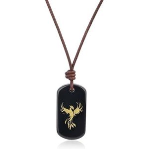 COAI Leren ketting met Phoenix hanger, Steen, Zwarte obsidiaan
