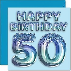 Verjaardagskaart voor heren 50e verjaardag - blauwe glitter feestballon - verjaardagskaarten voor 50e man, oom, opa, opa, opa, opa, opa, opa, opa, opa, opa, opa,