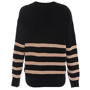 Blonda Women's Femme Slim Rayé Col V Acrylique Noir Beige Taille XS/S Pull Sweater, Noir/beige, XS