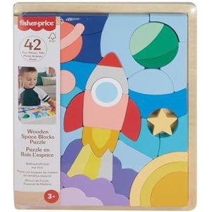 Fisher-Price HXY42 Houten ruimtepuzzel met stapelbare blokken, 42 stukjes hout voor spelenderwijs sorteren vanaf 3 jaar