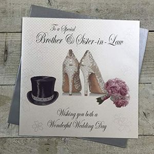 WHITE COTTON CARDS XMPD7 Wenskaart met opschrift ""To a Special Brother and Sister-in-Law Wishing You zowel een Wonderful Wedding Day"", handgemaakt, wit