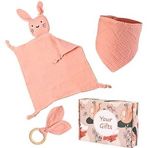 Kraamcadeau voor meisjes en jongens: 100% katoen, knuffeldier en slabbetje, baby-cadeauset van mousseline, voor meisjes en jongens