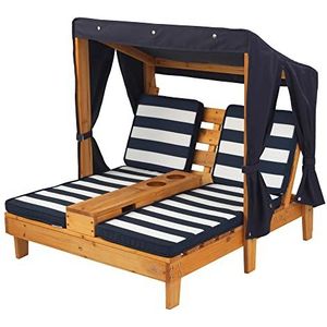 KidKraft Houten ligstoel voor kinderen met kussens, dubbel zonnebad, tuinmeubelen voor kinderen, marineblauw en wit, 00524
