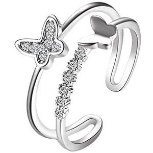 Ring van 925 sterling zilver in vlindervorm met zirkonia voor dames en meisjes, open ring, rekbaar, rekbaar, handgemaakte sieraden voor verjaardag, Kerstmis, Valentijnsdag, zilver, zirkonia, Zilver,