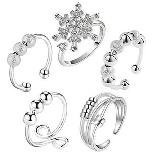 5 stuks angstringen, GeeRic Spinner ringen voor vrouwen mannen open vinger ringen met draaibare kralen verlichten stress angst ring set verstelbare band ringen voor mannen vrouwen (zilveren kleur), 5PCS, Niet-edelmetaal