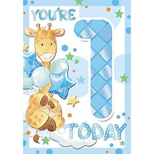 Grappige verjaardagskaart voor jongens met giraffe en ballonnen, met Engels opschrift ""You're 1 Today