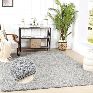 Surya Home Shaggy tapijt voor woonkamer, slaapkamer, eetkamer, berbers, hoogpolig, abstract, berbers, wit, pluizig, groot tapijt van 160 cm, grijs