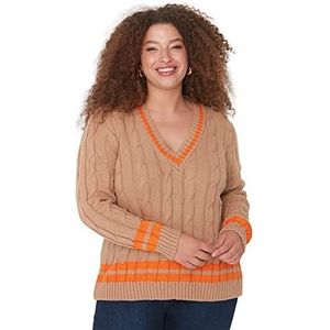 TRENDYOL Dames V-hals pullover geometrisch patroon casual sweatshirt oversized camel 4XL, Kameel.