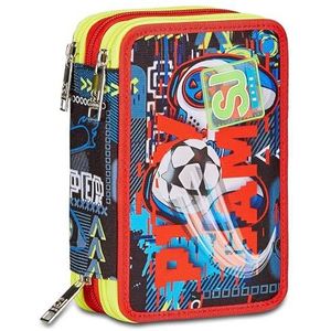 SJ Gang Schooltas met 3 ritssluiting, zwart, rood, FunnyGoal, penhouder, drievoudig vak, compleet met pennen, potloden, kleuren, rugzakaccessoires, elementair, medium, kind, rood, Taglia, Rood, Modern