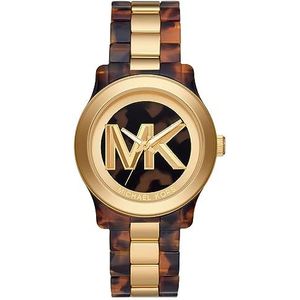 Michael Kors Mini Slim Runway dameshorloge, drie-wijzers uurwerk, behuizing 33 mm 2T van roestvrij staal, zilver/rosé, met roestvrijstalen armband, MK3514, Bruin en goudtint, Armband