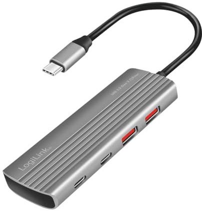 LogiLink UA0413 Ultradunne USB 3.2 Gen2 hub, 2 USB-A-poorten, 2 USB-C-poorten, met PD (Power Delivery), 100 W, Space Grey