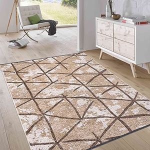 Jimri Elegant laagpolig tapijt, woonkamer, tapijt, hoogwaardig, vintage, tapijt, vlak, stof, omkeerbaar tapijt, ruitpatroon, beige, maat 75x150 cm