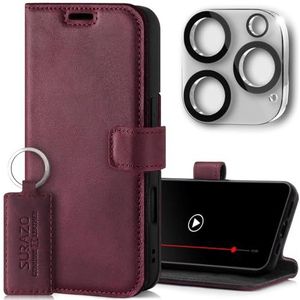 SURAZO Hoes voor Apple iPhone 16 Pro, echt leer, opvouwbare hoes met kaartenvak, RFID-bescherming, standfunctie, camerabescherming, glas, flip case