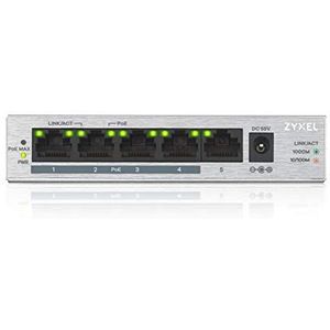 Zyxel 5-poorts Gigabit Unmanaged met 4 x PoE+, 60 Watt PoE budget, Levenslange garantie [GS1005HP]