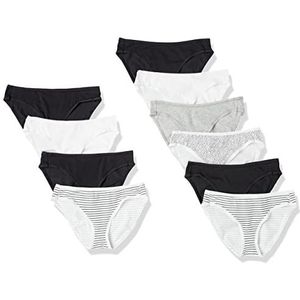 Amazon Essentials 10 stuks katoenen bikinibroekjes voor dames (verkrijgbaar in grote maten), zwart/helder wit/grijs, maat M