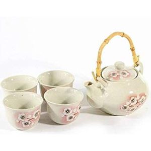 Lachineuse - Japans Sakura Theeservies - Met Theepot & 4 Porselein Mokken - Kleur Beige Kersenbloesem - Japans cadeau-idee voor Verjaardag Kerstmis - Traditioneel Japans Servies