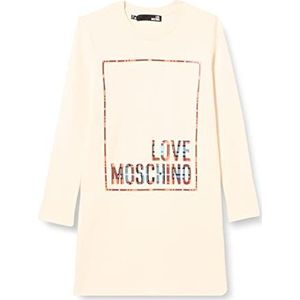 Love Moschino Rechte pasvorm met lange mouwen en glanzende geruite logo-print Damesjurk, Crème