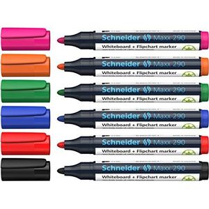Schneider Maxx 290 whiteboard- en bladbordmarkers, ronde punt, 2-3 mm, lijndikte, droog afwisbaar, hoogwaardig, sterk en intense kleuren, doos met 6 kleuren