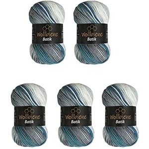 5 bollen Batik-wol, 100 g - 500 g totaal. Met kleurverloop, meerkleurig, 5950 turquoiseblauw en grijs.