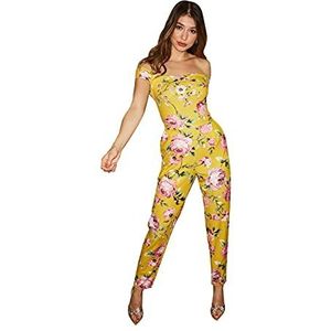 Little Mistress Dames jumpsuit, bloemenprint, bardot, maat L, geel, Geel.