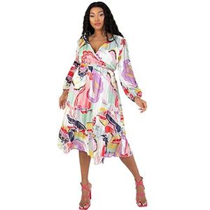 Lovedrobe Maxi-jurk voor dames, met lange mouwen, abstracte print, gat op de rug, V-hals, knoopriem abstract 54, Abstract