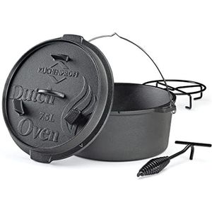 Küchenprofi BBQ Dutch Oven, gietijzer, 7,5 liter, Ø 30 cm, zonder poten, voorgekookte gietijzeren pan met deksellifter, voor barbecue, haarden, alle warmtebronnen (ook inductie) en oven