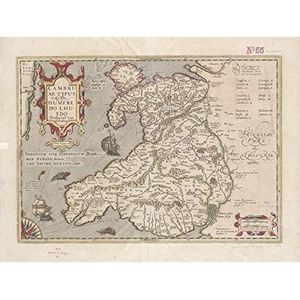 Hondius 1633 wandafbeelding ""Wales Landkaart"", groot, 45,7 x 61 cm, Cymru