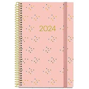 Miquelrius - Jaarplanner 2024, weekweergave, actieve grootte 117 x 182 mm, hardcover, spiraalbinding, rubberen sluiting, Spaans, Engels en Portugees, minidots met gouden stempel