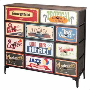 AKTIVE 18404 MAX Home multifunctionele ladekast, retro en vintage afbeeldingen, 11 stoffen laden, 103 x 30 x 98 cm, stalen frame, houten blad, nachtkastjes, woonkamermeubels
